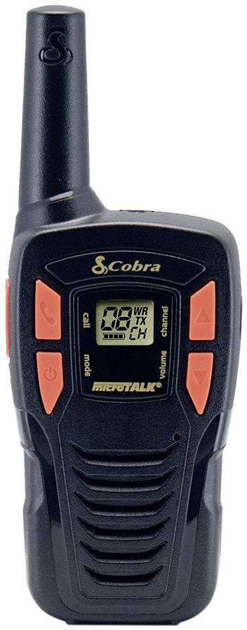 Ein schwarzes Walkie-Talkie mit orangenen Tasten und einem kleinen Display auf der Vorderseite, zeigt Frequenz und Batteriestatus an.