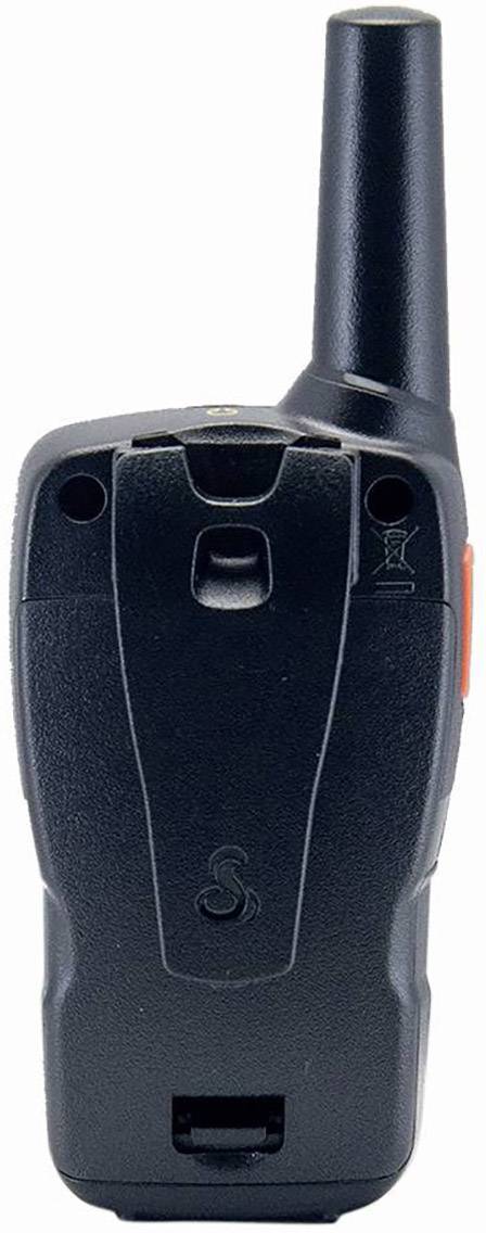 Ein Rückansicht eines schwarzen Handfunkgeräts, das eine Antenne und einen Gürtelclip hat.