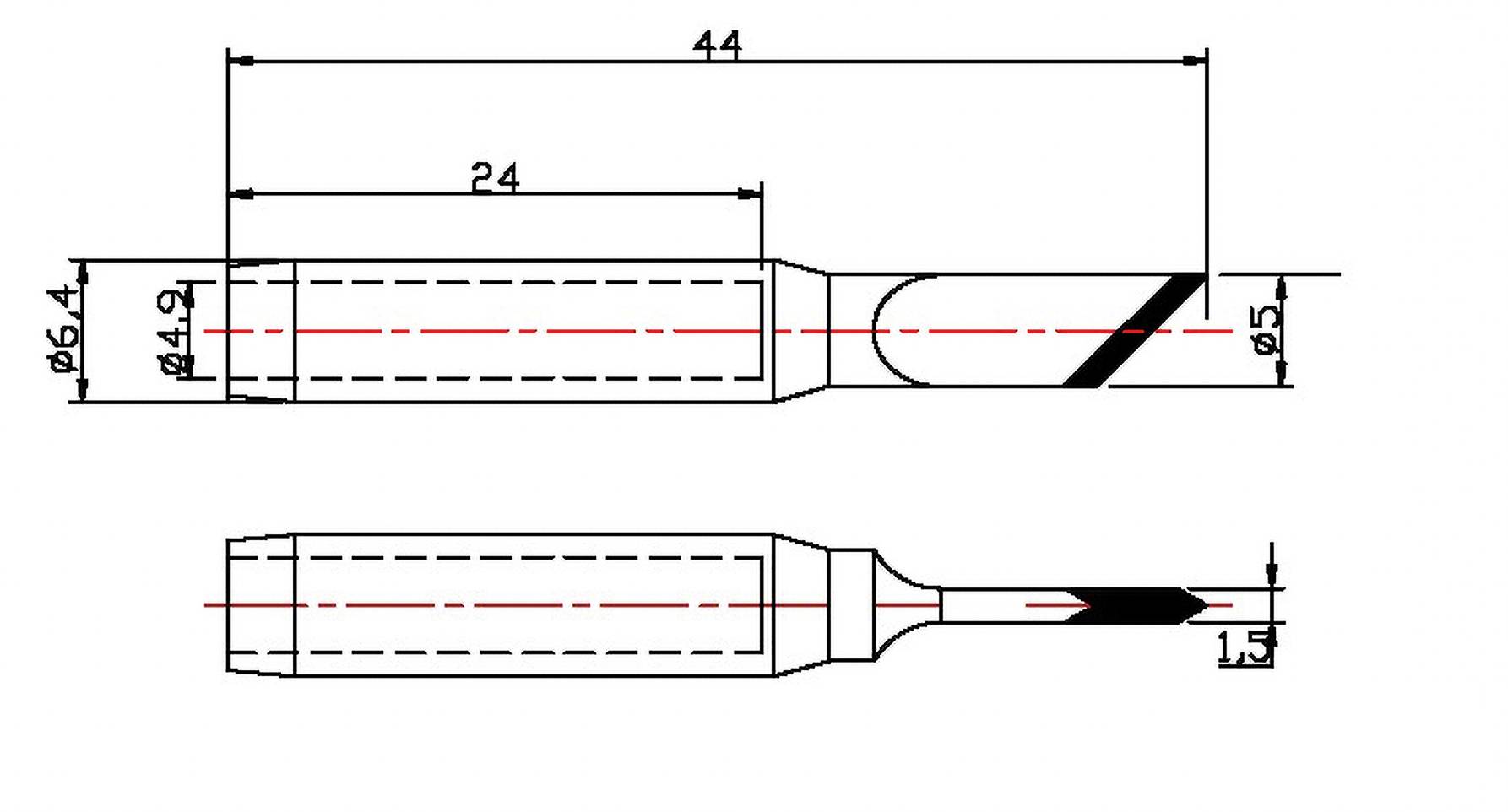 Technische Zeichnung eines Fräsers mit den Maßen: Länge 44 mm, Schaftdurchmesser 6,4 mm, Schneidendurchmesser 5 mm, Schaftlänge 24 mm.