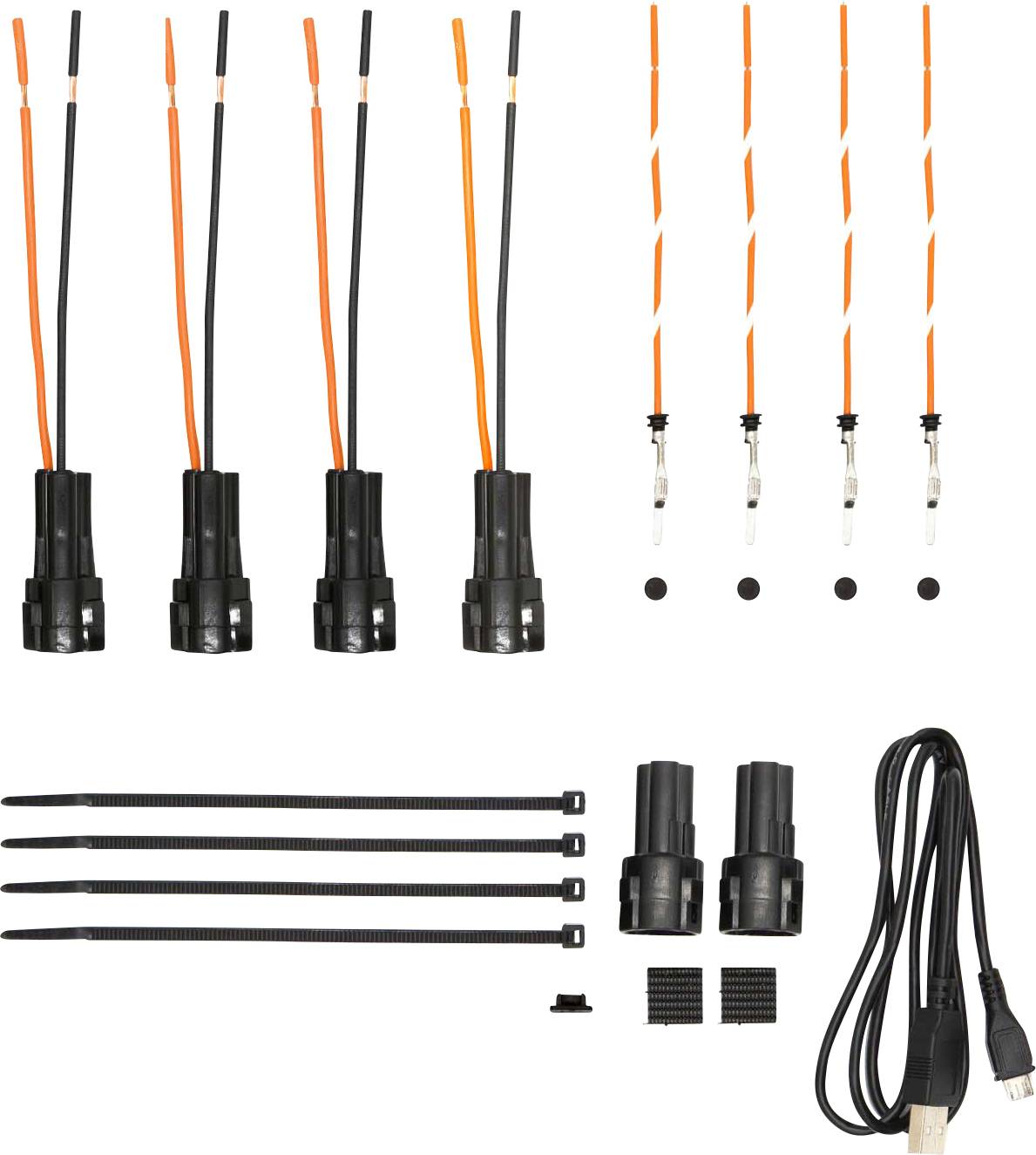 Ein Kabelset mit fünf Kabeln mit schwarzen Steckern, vier Stinger-LEDs, Kabelbindern und einem USB-Kabel. Geeignet für Verbindungen.