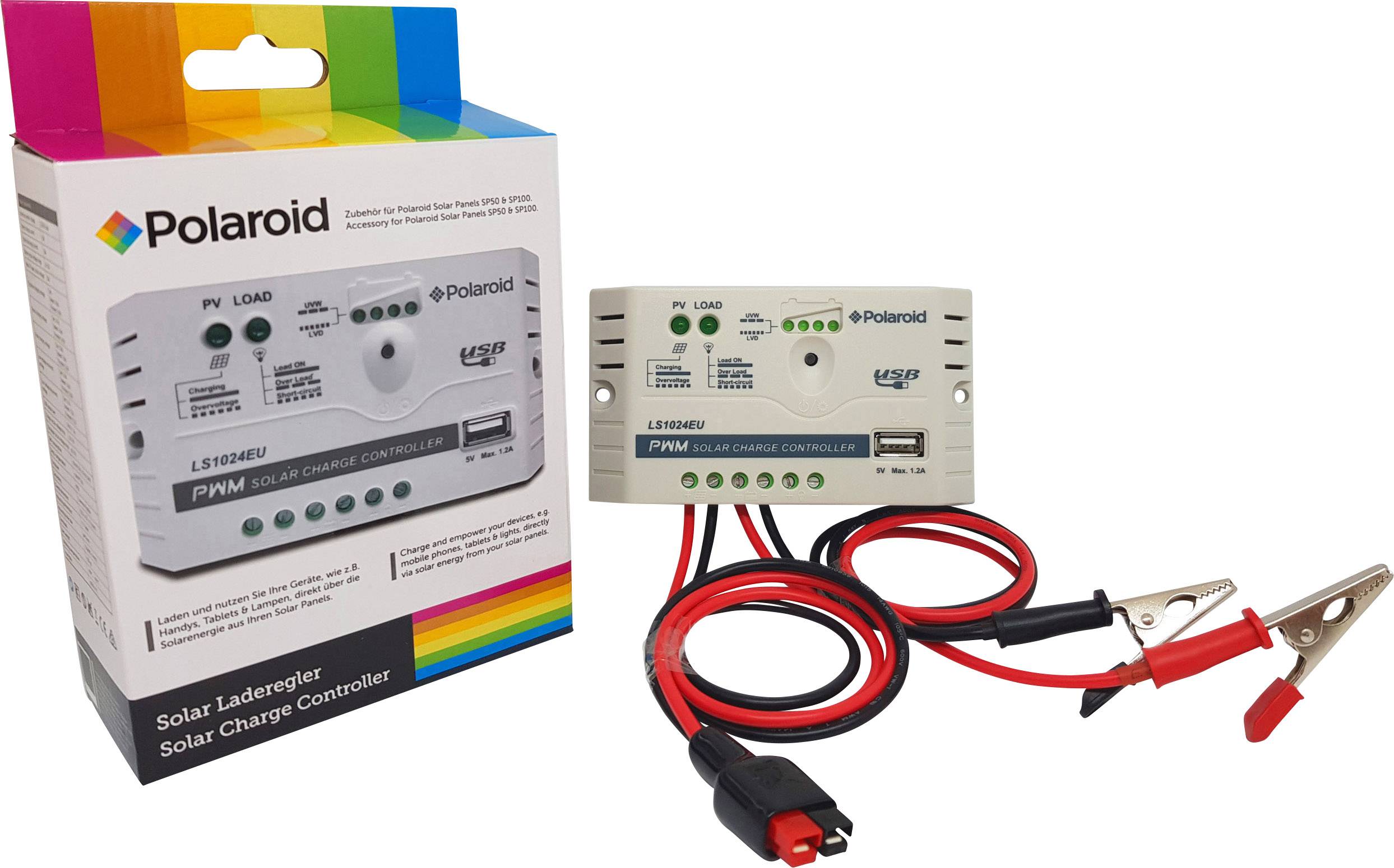 'Polaroid Solar-Ladegerät mit Batterieklammern und Verpackung. Geeignet für PV-Systeme, kontrolliert Ladezustände, USB-Ausgang vorhanden.'