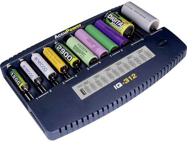 AccuPower IQ312 Rundzellen-Ladegerät NiCd, NiMH, LiIon 10340, 10350, 10440, 10500, 12500, 12650, 13500, 13650, 14500, 14650, 16340, 16650, 17335, 17355, 17500, 17650, 17670, 18350, 18490, 18500, 18650, 18700, 20650, 21700, 25500, 22650, 26650, 26500, Mini (AAAA), Micro (AAA), Mignon (AA), Baby (C), A, CR-123A, Sub-C