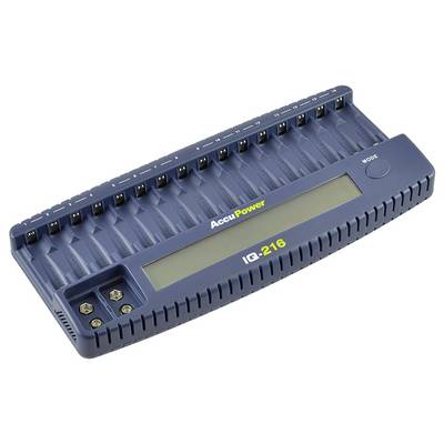Ein blaues Ladegerät für Batterien, Modell 'AccuPower IQ-216', mit 16 Steckplätzen und einem digitalen Display.