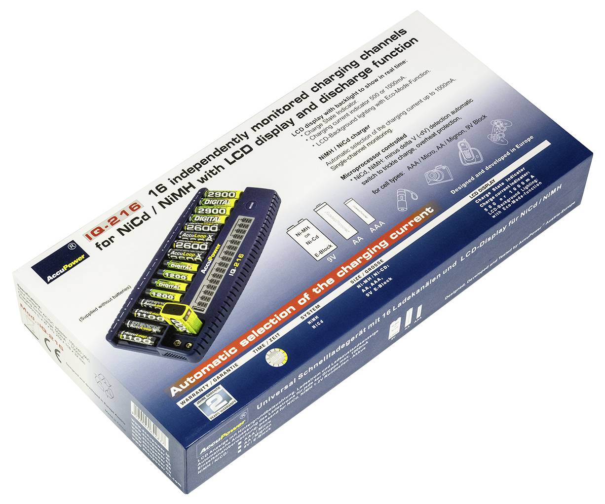 Verpackung eines Akkuladegeräts mit 16 Ladeplätzen, LCD-Anzeige und automatischer Ladestromanpassung für NiCd/NiMH-Batterien.