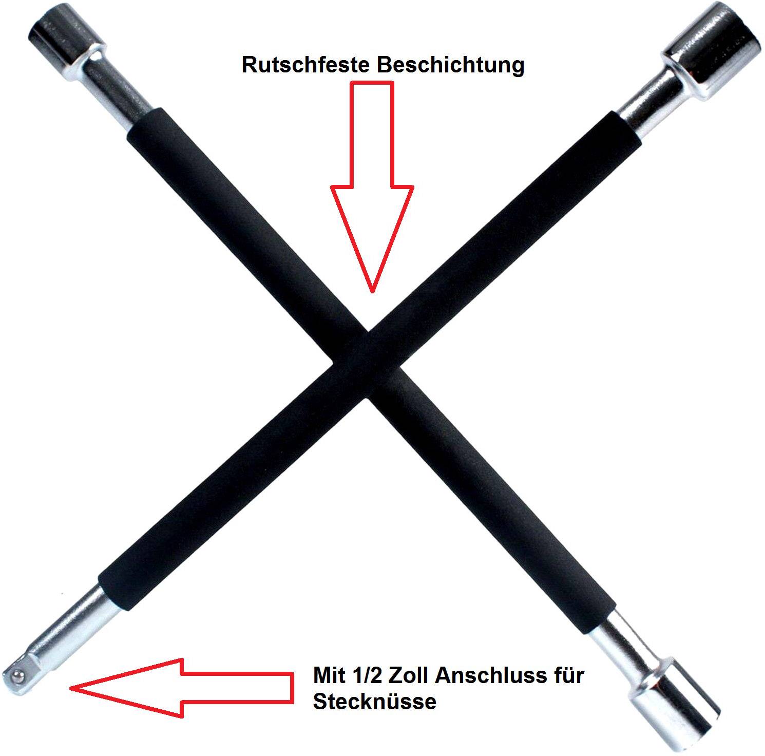Kreuzschlüssel mit zwei Griffen und Pfeilen, die auf eine rutschfeste Beschichtung und einen 1/2 Zoll Anschluss für Stecknüsse hinweisen.