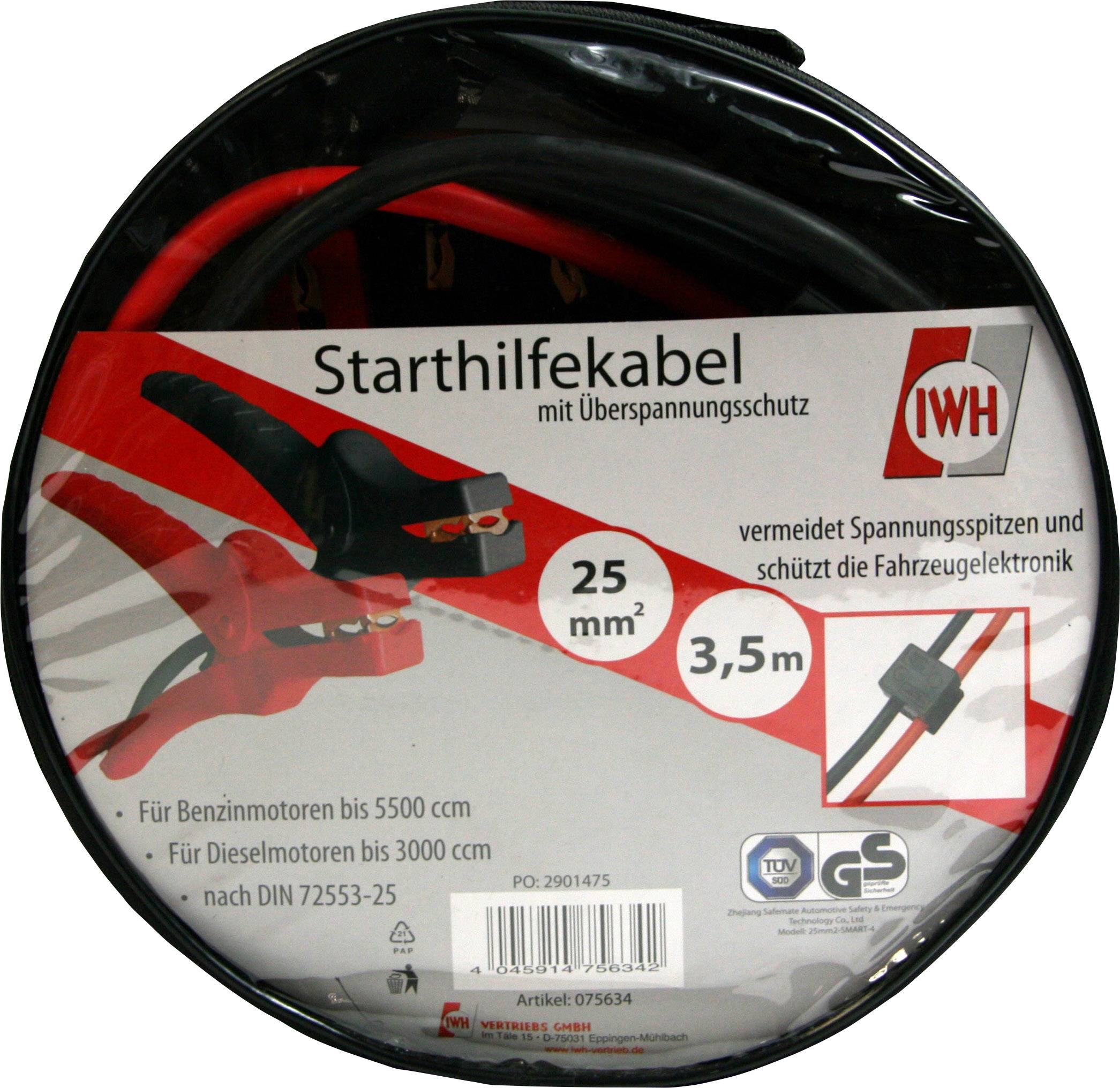 'Starthilfekabel' mit Überspannungsschutz, 25 mm², 3,5 m. Geeignet für Benzinmotoren bis 5500 ccm und Dieselmotoren bis 3000 ccm.
