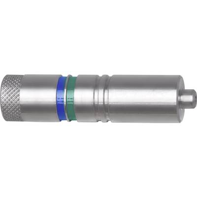 Silberner zylindrischer Anschluss mit blauen und grünen Ringen, vermutlich Teil eines Druckluftsystems oder hydraulischen Stecksystems.