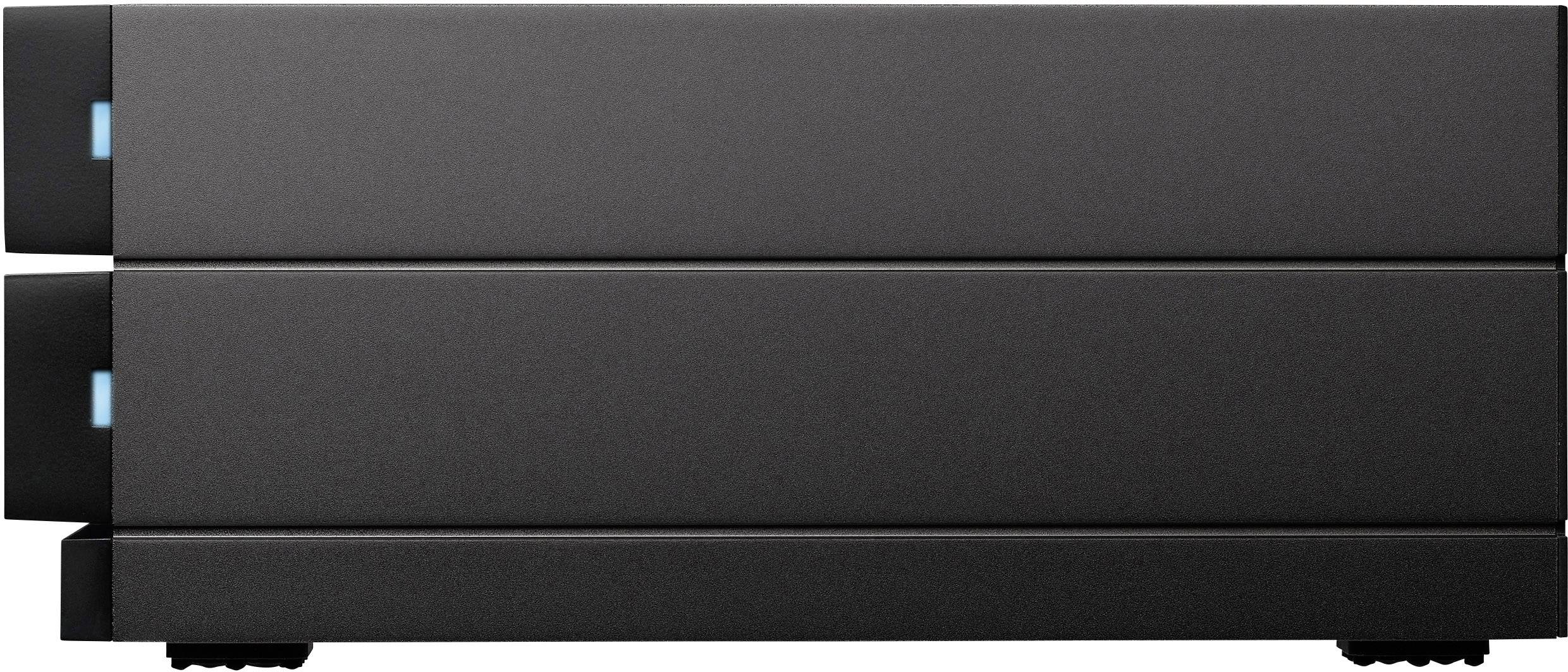 Schwarzes, zweistöckiges elektronisches Gerät mit blauer LED-Anzeige; möglicherweise ein Datenspeichergerät oder Server.