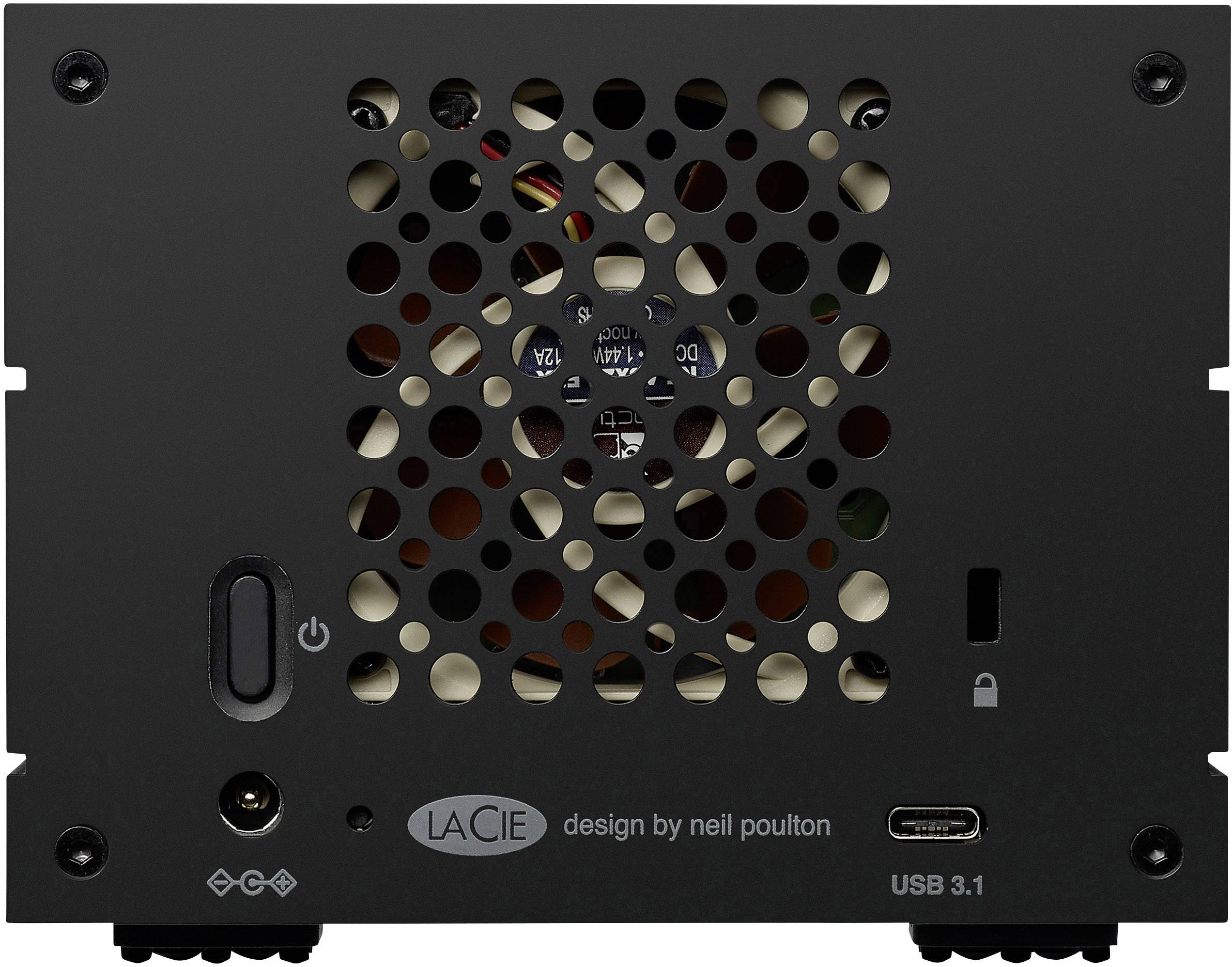 Rückansicht eines LaCie Festplattengehäuses mit Belüftungsgitter, Einschaltknopf, USB 3.1-Port und Hinweis 'design by neil poulton'.