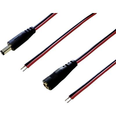 Drei verschiedene DC-Stecker mit rot-schwarzem Kabel. Oben links ein Stecker, daneben eine Buchse, darunter ein offenes Kabelende.
