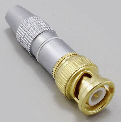 Koaxialstecker mit goldener und silberner Beschichtung, verwendet zur Verbindung von Video- und Audiosignalen in elektronischen Geräten.