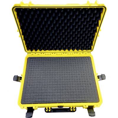 Gelber, offener Hartschalenkoffer mit schwarzem Schaumstoffpolster im Inneren zum Schutz von empfindlichem Equipment.