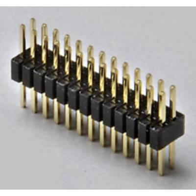 Ein zweireihiger schwarzer Steckverbinder mit goldenen Stiften, geeignet zum Verbinden elektronischer Bauteile.