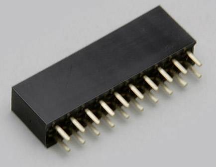 Ein rechteckiger elektronischer Steckverbinder mit vielen Metallstiften, die aus einer schwarzen Kunststoffhülle herausragen.