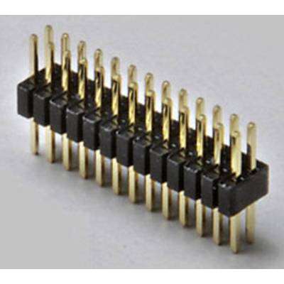 Elektronischer Stecker mit zwei Reihen aus goldfarbenen Pins, verwendet für die Verbindung von elektronischen Komponenten.