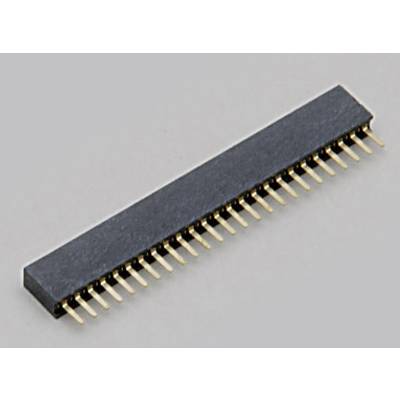 Ein rechteckiger, schwarzer Steckverbinder mit goldenen Pins, verwendet für elektronische Verbindungen auf einer Leiterplatte.