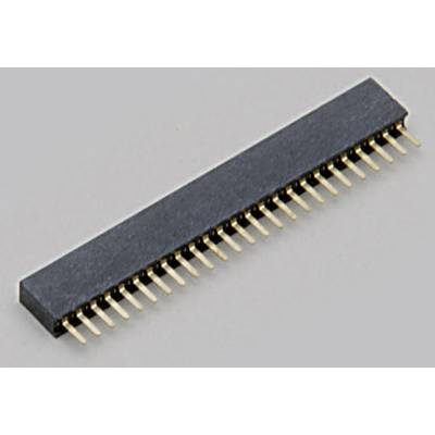 Ein schwarzer elektrischer Stecker mit mehreren goldenen Pins, die aus der Unterseite herausragen. Er dient dem Verbinden von Schaltkreisen.