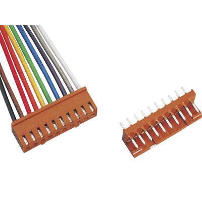 Ein orangefarbener Steckverbinder mit mehreren farbigen Kabeln, neben einem passenden Gegenstück ohne Kabel.