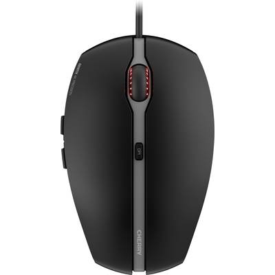 Eine schwarze Computermaus in der Draufsicht mit Kabelanschluss oben. Die Maus hat einen roten LED-Streifen und eine DPI-Taste.