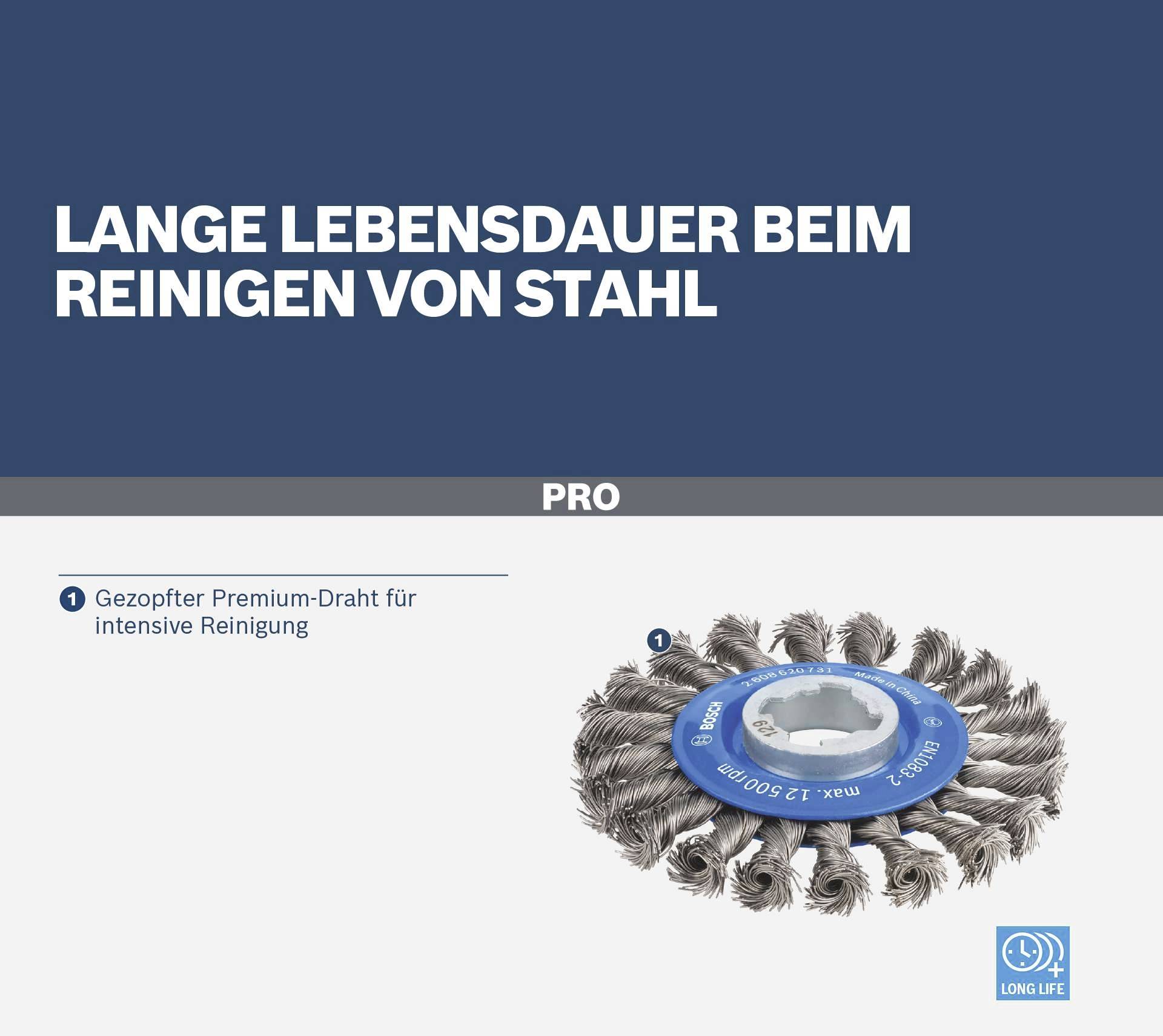 'Gefaßter Premium-Draht für intensive Reinigung von Stahl. Lange Lebensdauer bei Reinigung.' Bild einer Drahtbürste.