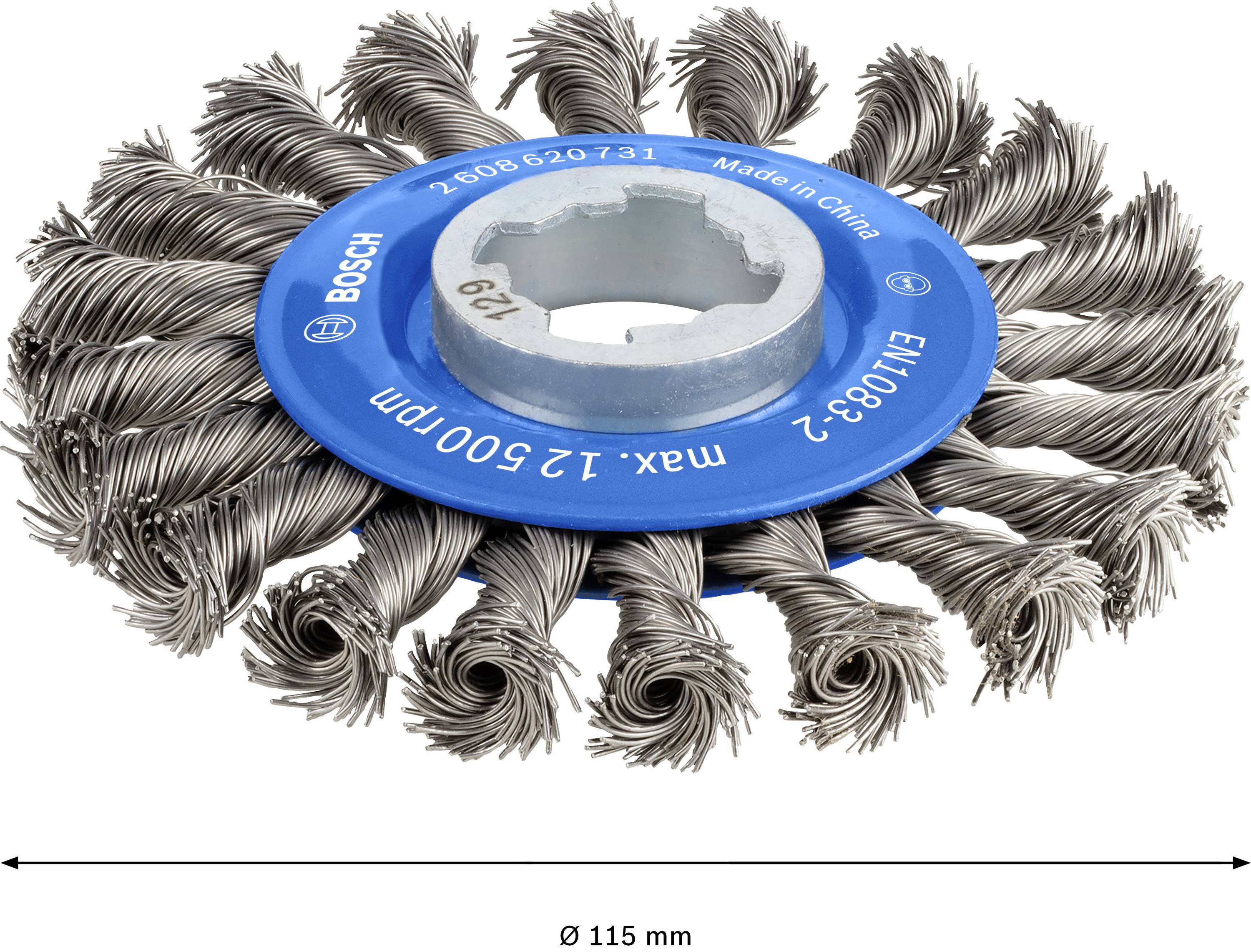 Runde Drahtbürste mit gedrehten Stahldrähten und blauem Zentrum, geeignet für Winkelschleifer. Durchmesser: 115 mm.