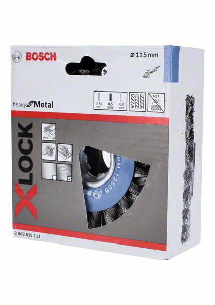 'Bosch X-LOCK-Stahlbürste, geeignet für Metall, 115 mm Durchmesser, schwere Nutzung, Verpackung zeigt Produktbilder und Spezifikationen.'