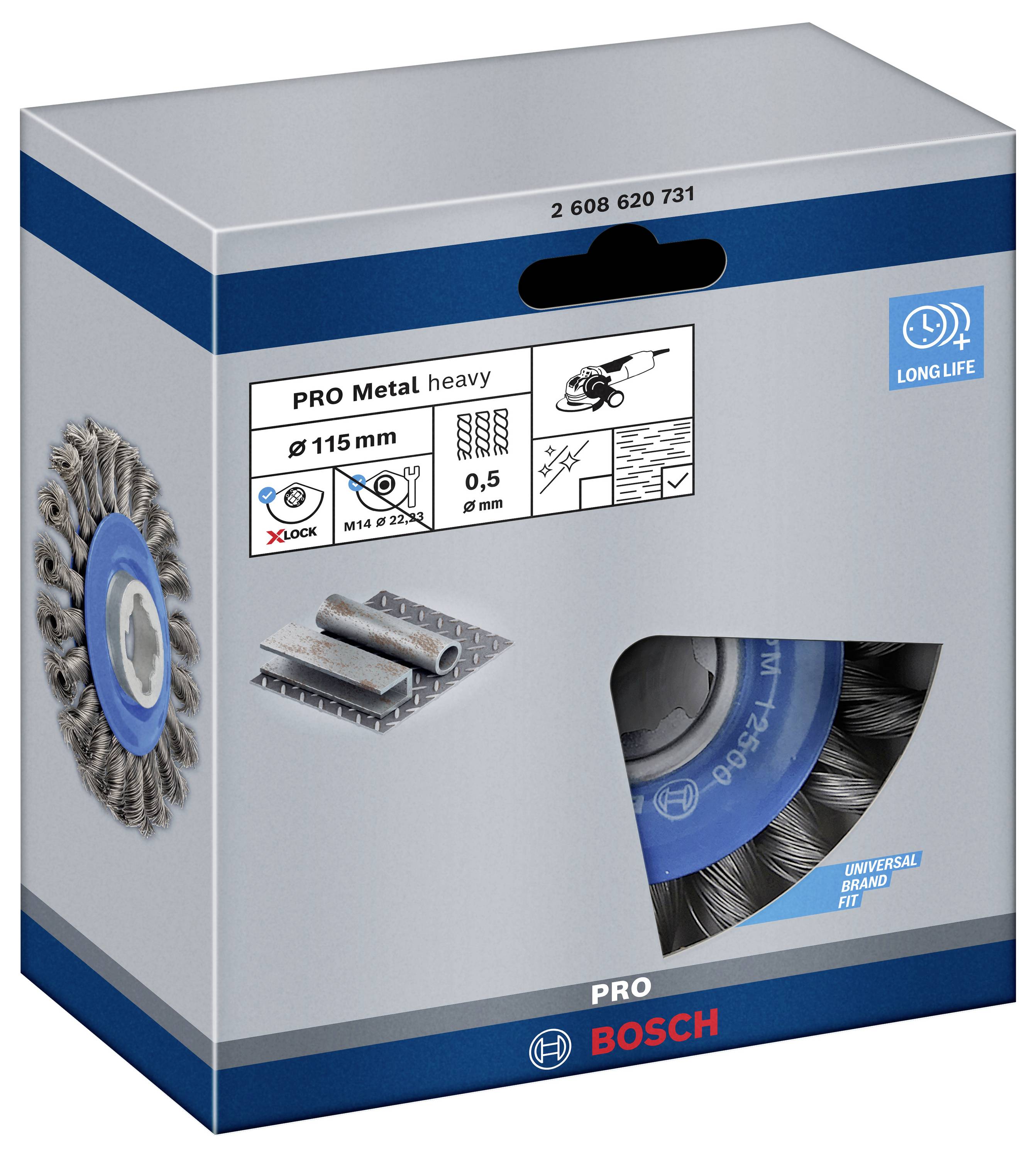 Produktverpackung für eine Bosch PRO Metal heavy Topfbürste, Durchmesser 115 mm, mit Abbildung der Bürste vorne und technischen Details oben.