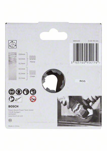 Verpackung einer Bosch-Sägeblattscheibe. Zeigt Maße von 0,2 bis 0,8 mm. Enthält Barcodes und Warnsymbole. Produkt für sauberen Schnitt.
