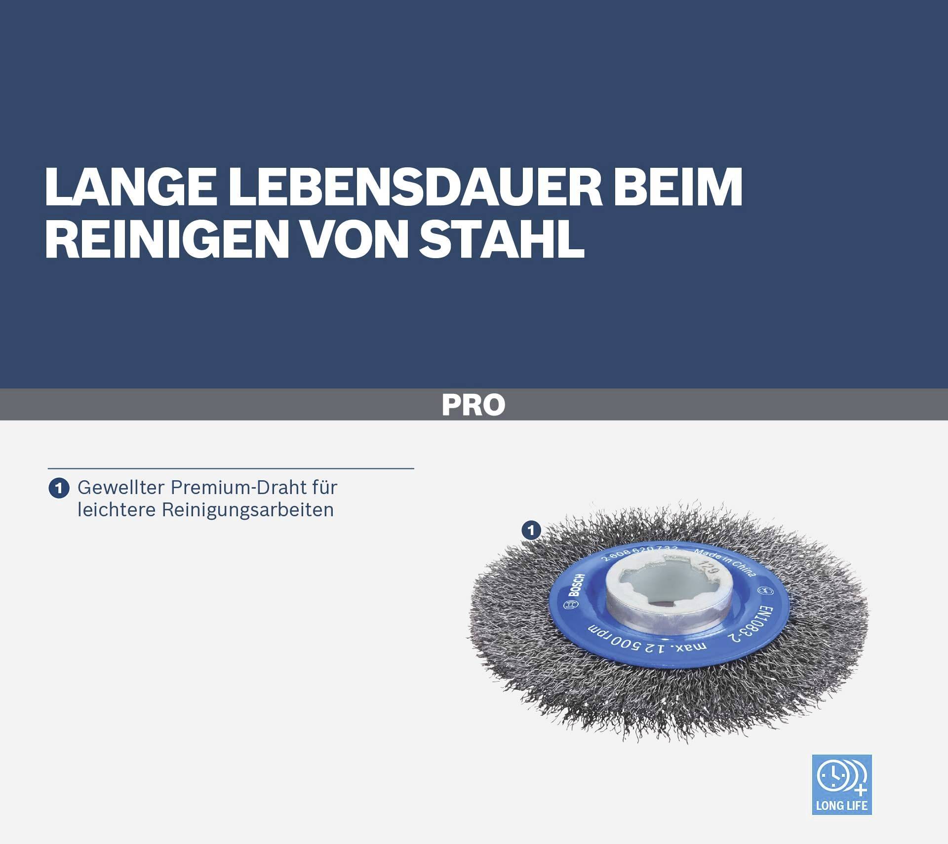 'Gewellter Premium-Draht für leichtere Reinigungsarbeiten', abgebildet ist eine Drahtbürstenscheibe, verwendet zur Reinigung von Stahl.