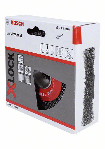 Verpackung einer Bosch X-LOCK Drahtbürste für Metall, 115 mm. Zeigt Anwendungspiktogramme zur Oberflächenvorbereitung und Reinigung.