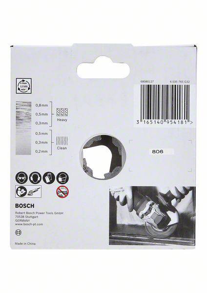 Rückseite der Bosch-Verpackung. Oben links sind Symbole für Schnitttiefe, unten rechts ein Bild eines Werkzeugs in Gebrauch. Made in China.