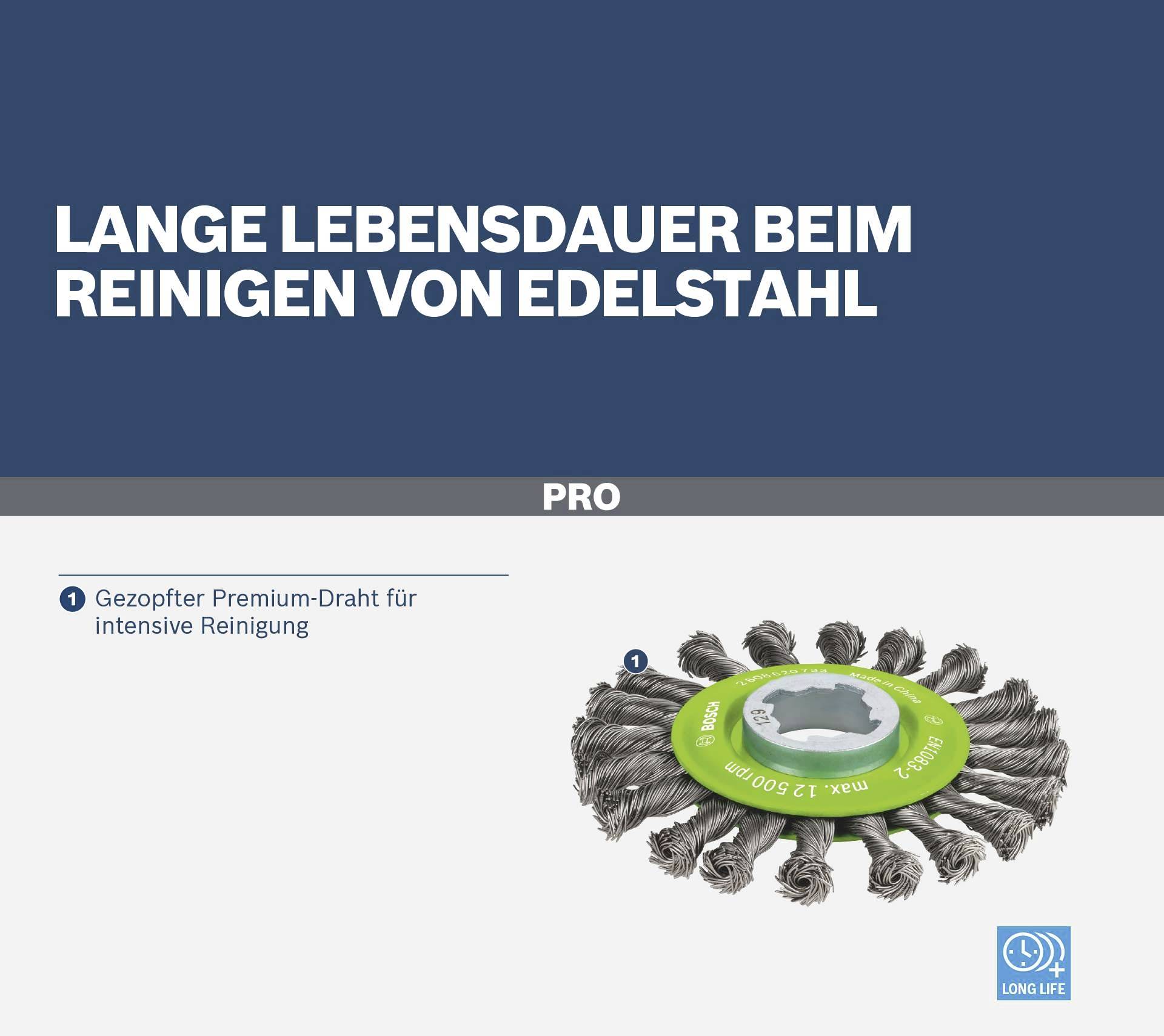 Lange Lebensdauer beim Reinigen von Edelstahl. Pro, geflochtener Premium-Draht zur intensiven Reinigung. Bild einer Drahtbürste.