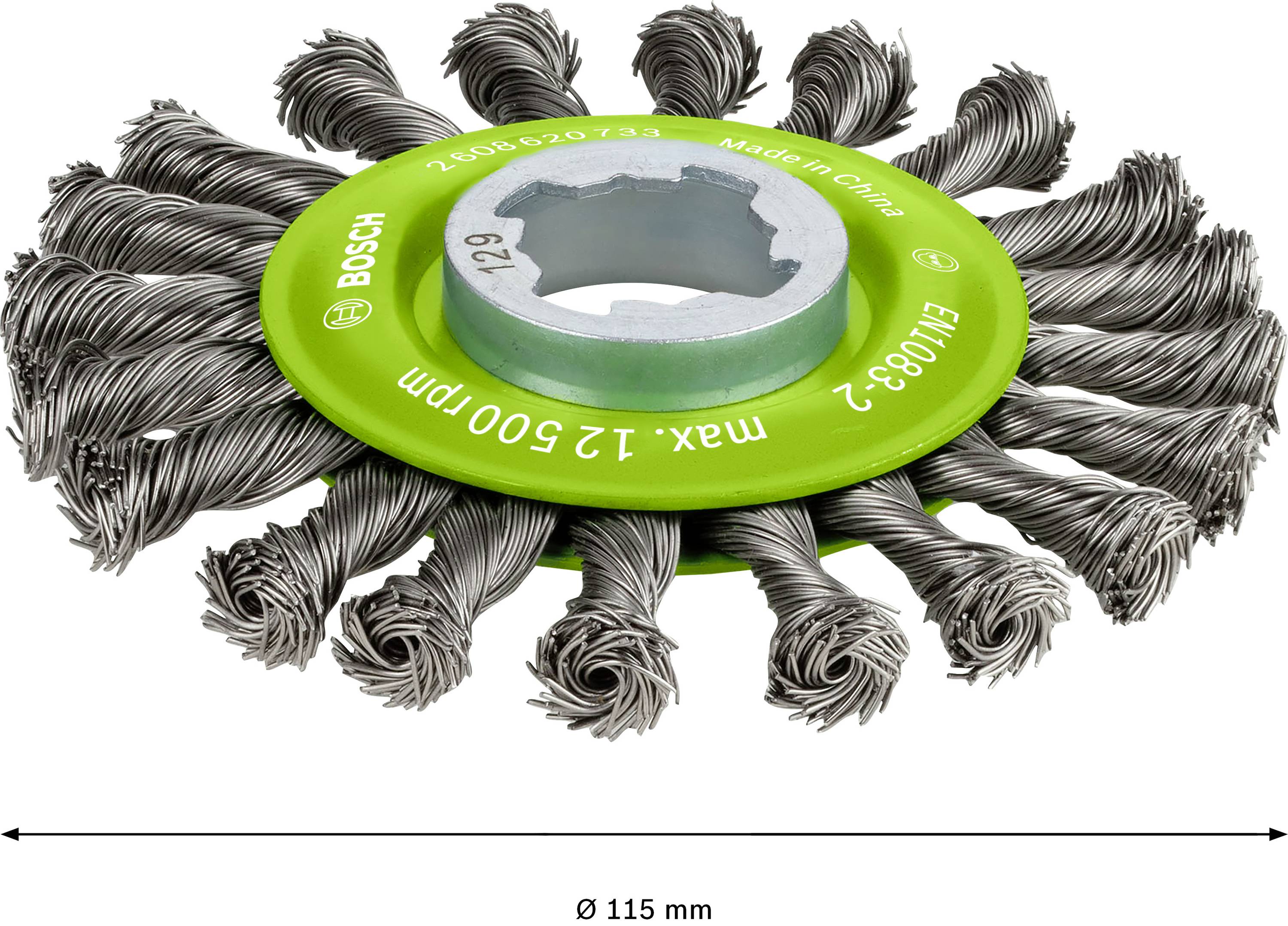 Grüne Rundbürste mit gedrehten Drahtborsten, Durchmesser 115 mm, maximal 12.500 U/min, Herstellerangaben und Herkunftsland „Made in China“.