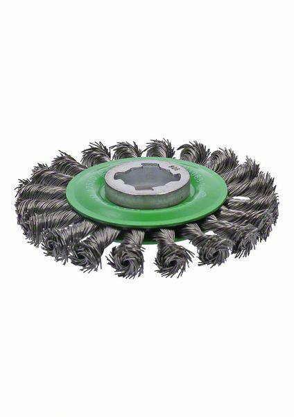 Drahtbürste mit grünem Zentrum und spiralförmigen Metallborsten, geeignet zum Reinigen oder Entrosten von Oberflächen.