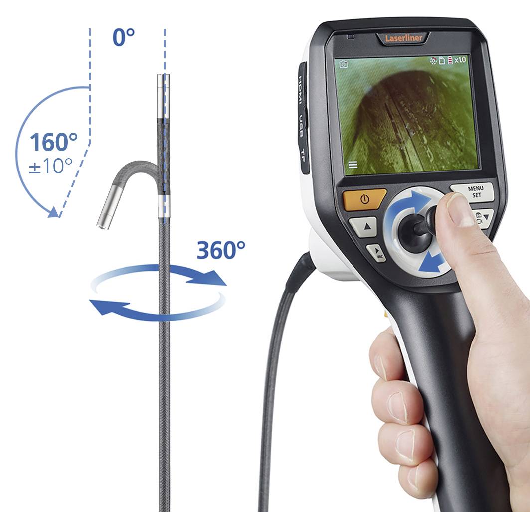 Eine Person hält ein Endoskop-Gerät mit einem flexiblen Kabel und einer Kamera. Das Display zeigt ein internes Bild.