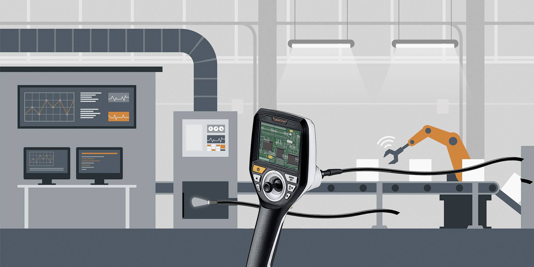 Ein moderner Fabrikhallen-Produktionsprozess mit einem in der Hand gehaltenen Gerät im Vordergrund. Im Hintergrund arbeiten Roboterarme.