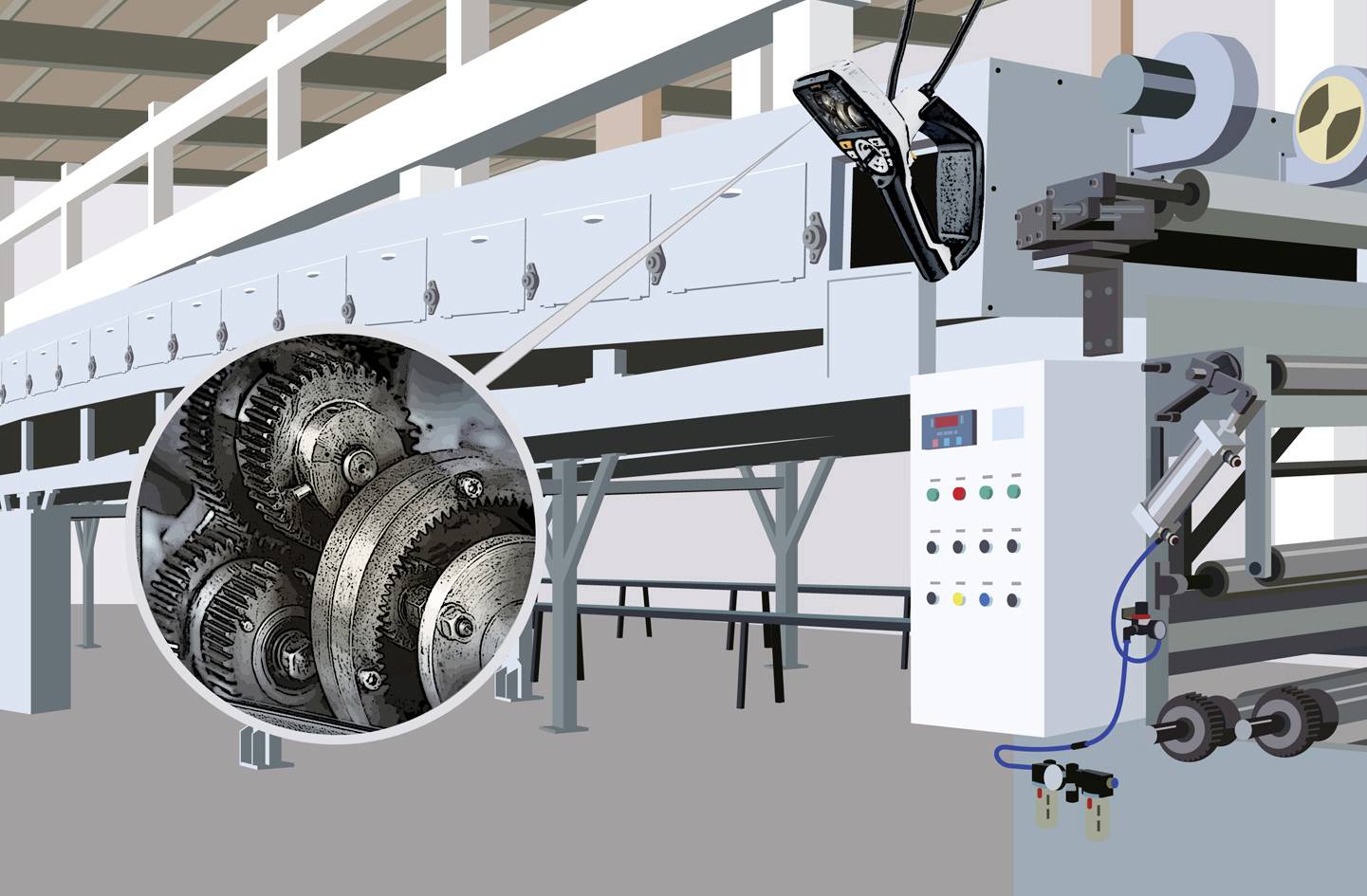 Industrielle Maschine in einer Fabrikhalle, Nahaufnahme mechanischer Zahnräder. Steuerfeld mit Knöpfen und Anzeigen, Umgebung modern.