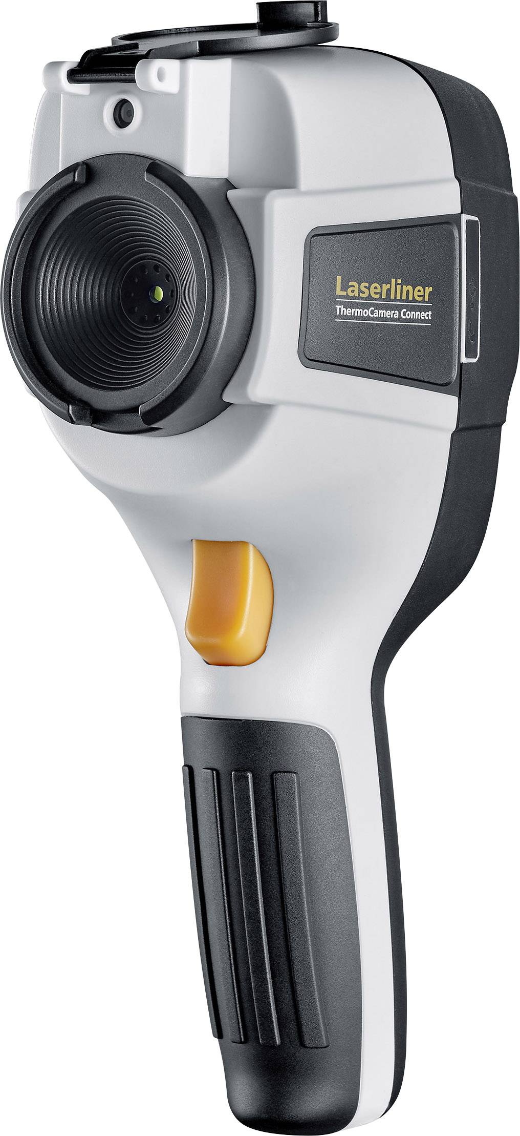 Handgehaltene Wärmebildkamera in Weiß und Schwarz, mit orangefarbenem Auslöser. Markenname 'Laserliner ThermoCamera Compact' auf der Seite.