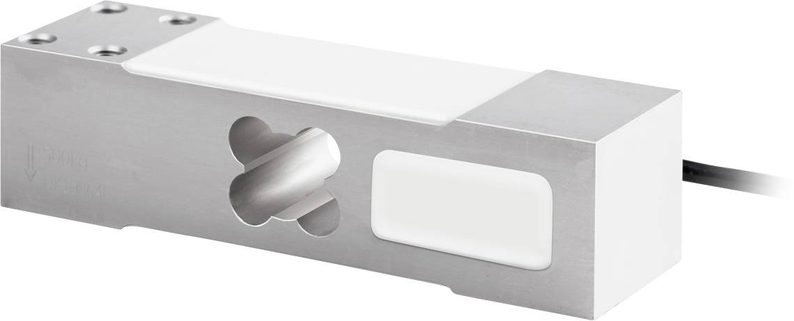 Ein rechteckiger, metallischer Sensor mit Kabelanschluss, oft in industriellen oder technischen Anwendungen zur Gewichtsmessung verwendet.