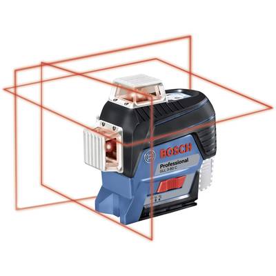 Ein Bosch Laser-Nivelliergerät projiziert rote Laserlinien in alle Richtungen. Ideal für präzise Messungen und Bauanwendungen.