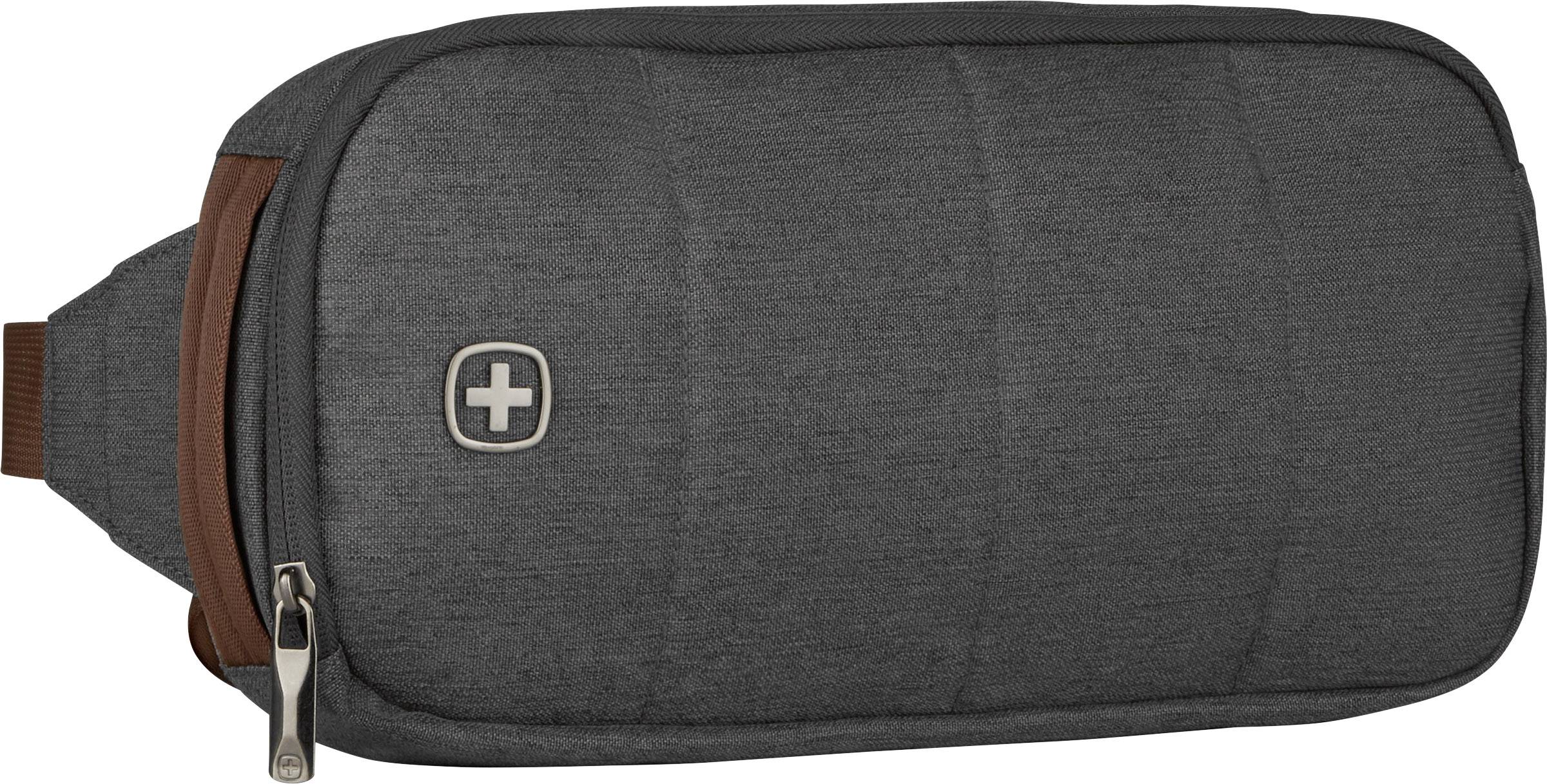 Schwarze Tasche mit Reißverschluss, braunem Riemen und einem silbernen Kreuz-Logo auf der Vorderseite.