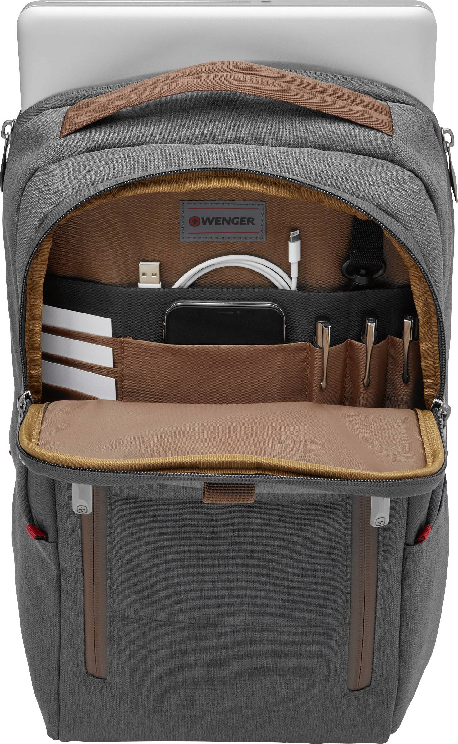 Grauer Rucksack mit offenem Hauptfach, zeigt ein Laptopfach, Taschen mit Stiften und Kabel, sowie kleine Seitentaschen.