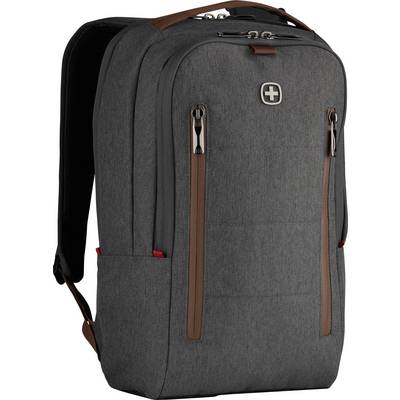 Ein grauer Rucksack mit braunen Akzenten und mehreren Reißverschlüssen. Oben befindet sich ein Emblem mit einem Kreuzsymbol.