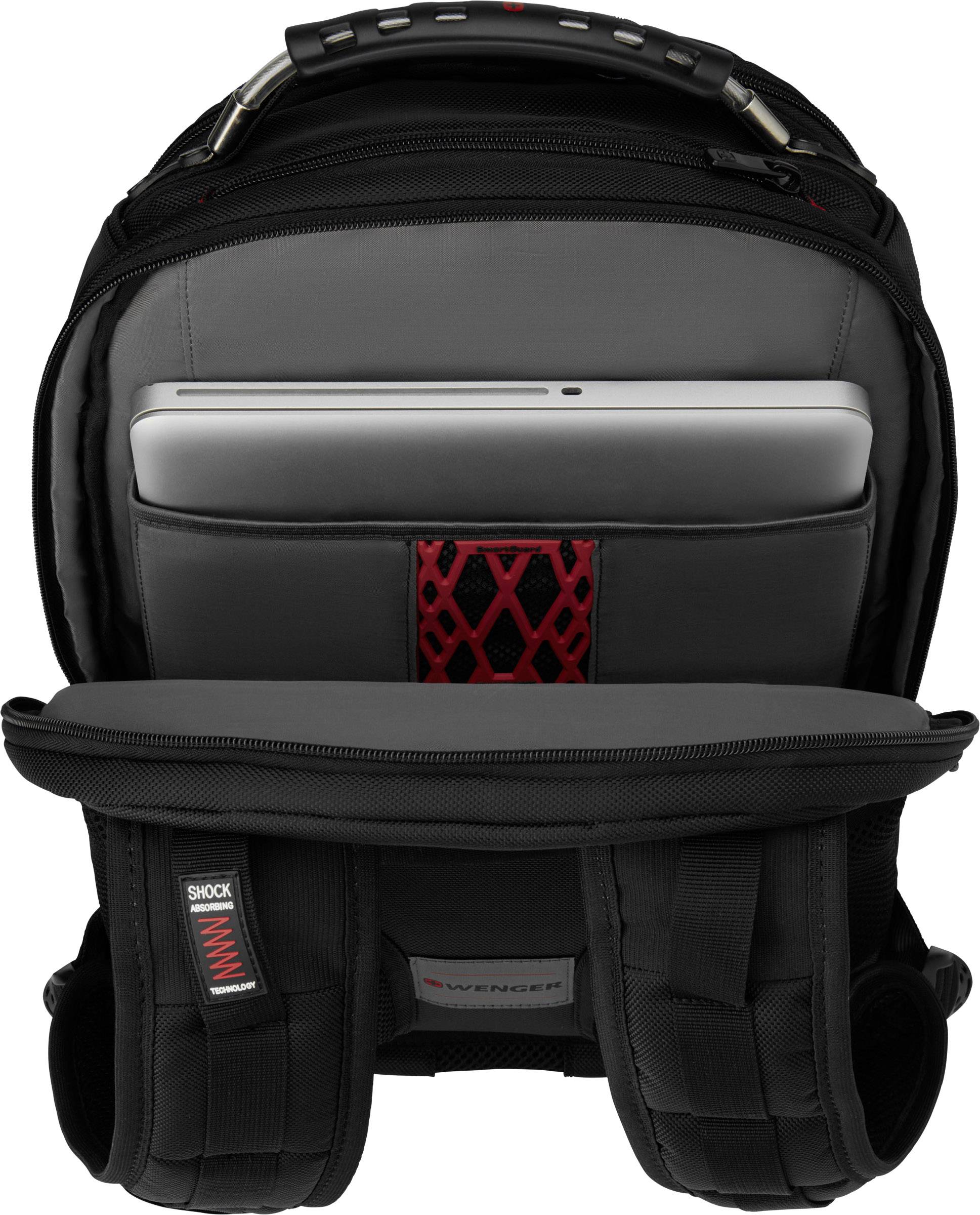 Schwarzer Rucksack mit geöffneter Fronttasche, die einen Laptop zeigt. Die Marke 'Wenger' ist sichtbar.