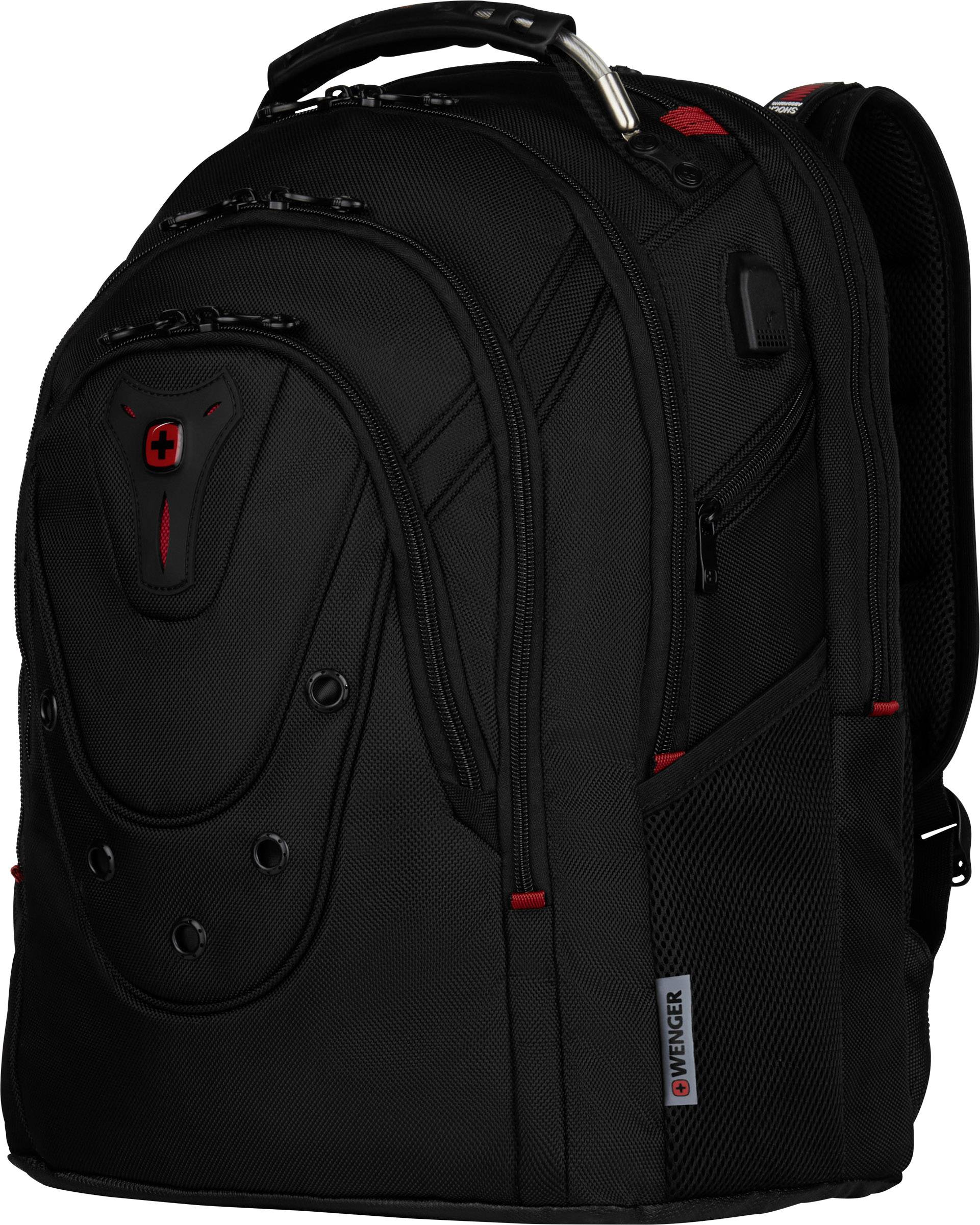 Ein schwarzer, ergonomischer Laptop-Rucksack mit mehreren Fächern und Reißverschlüssen, verstärktem Griff und roten Akzenten.