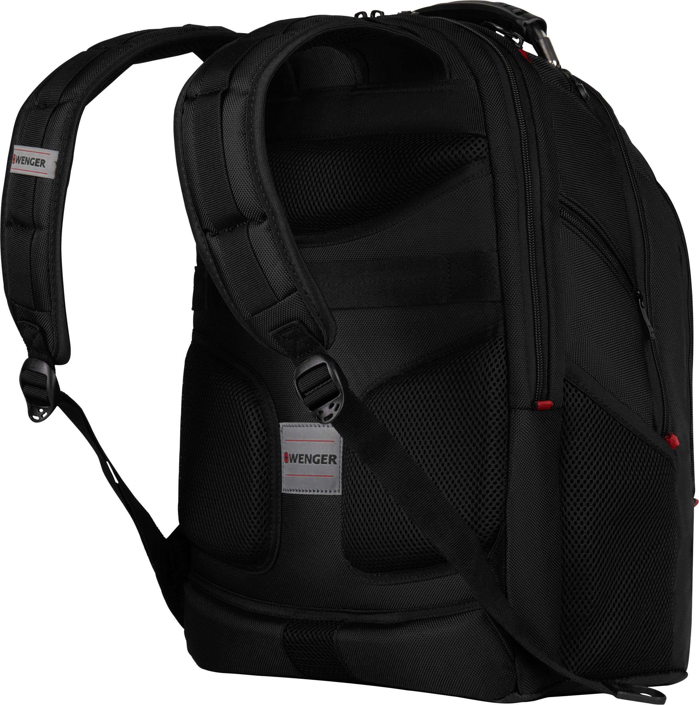 Ein schwarzer Rucksack mit mehreren Fächern und gepolsterten Schultergurten, geeignet für Reisen oder den täglichen Gebrauch.