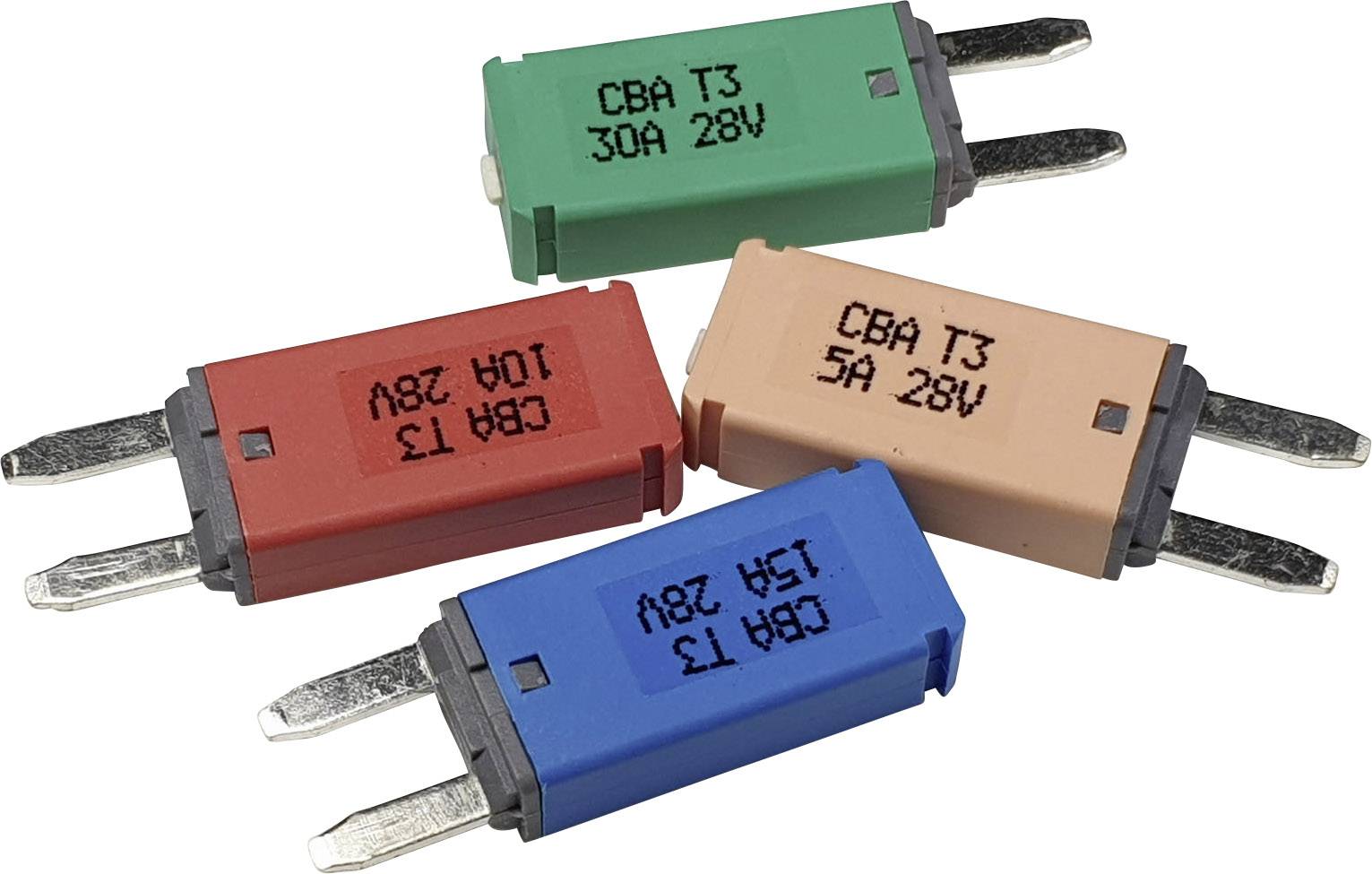 Vier Flachsicherungen in verschiedenen Farben (grün, rot, blau, beige) mit unterschiedlichen Ampere- und Voltangaben.