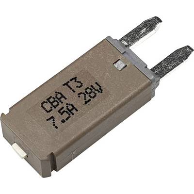 Eine braune Sicherung mit Aufschrift 'CBA T3 7.5A 28V', zwei Metallkontakte an einer Seite sichtbar.