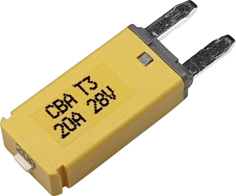 Gelbe Sicherung mit zwei Metallanschlüssen und schwarzem Aufdruck 'CBA T3 20A 28V' für elektronische Schaltkreise.