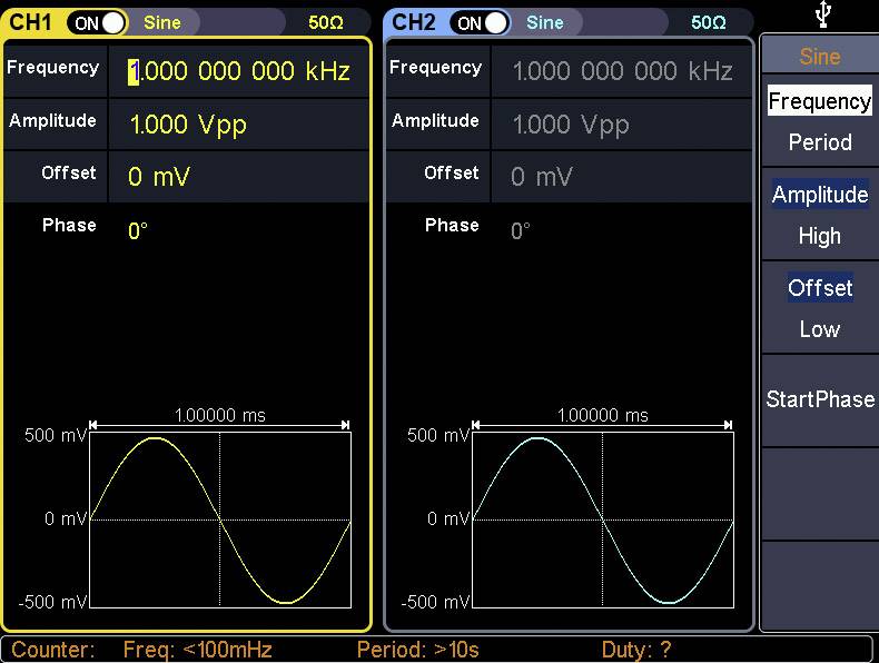 'Oszilloskop-Display mit zwei Kanälen: CH1 und CH2. Beide zeigen Sinuswellen mit 1 GHz Frequenz und 1 Vpp Amplitude. CH1 ist gelb, CH2 ist blau.'